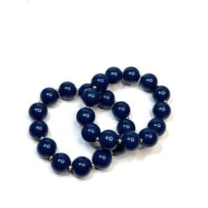 Pair Blue .25" Beaded Acrylic Bracelets w/Silver Spacer Unmarked Stretchable